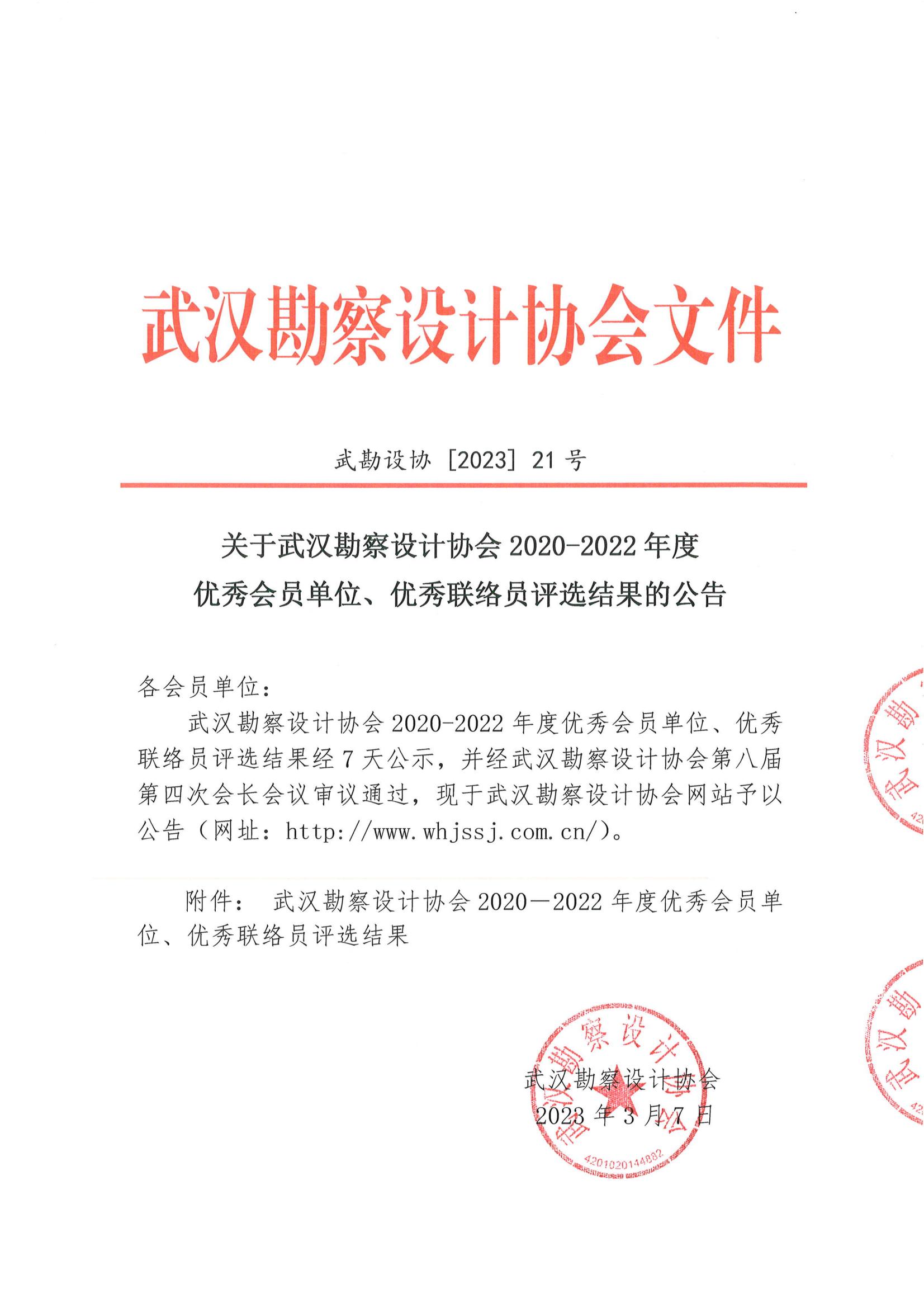 關(guān)于武漢勘察設(shè)計(jì)協(xié)會(huì)2020-2022年度優(yōu)秀會(huì)員單位、優(yōu)秀聯(lián)絡(luò)員評選結(jié)果的公告